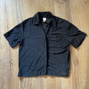 Short Sleeved Terry Button Up Black Shirt